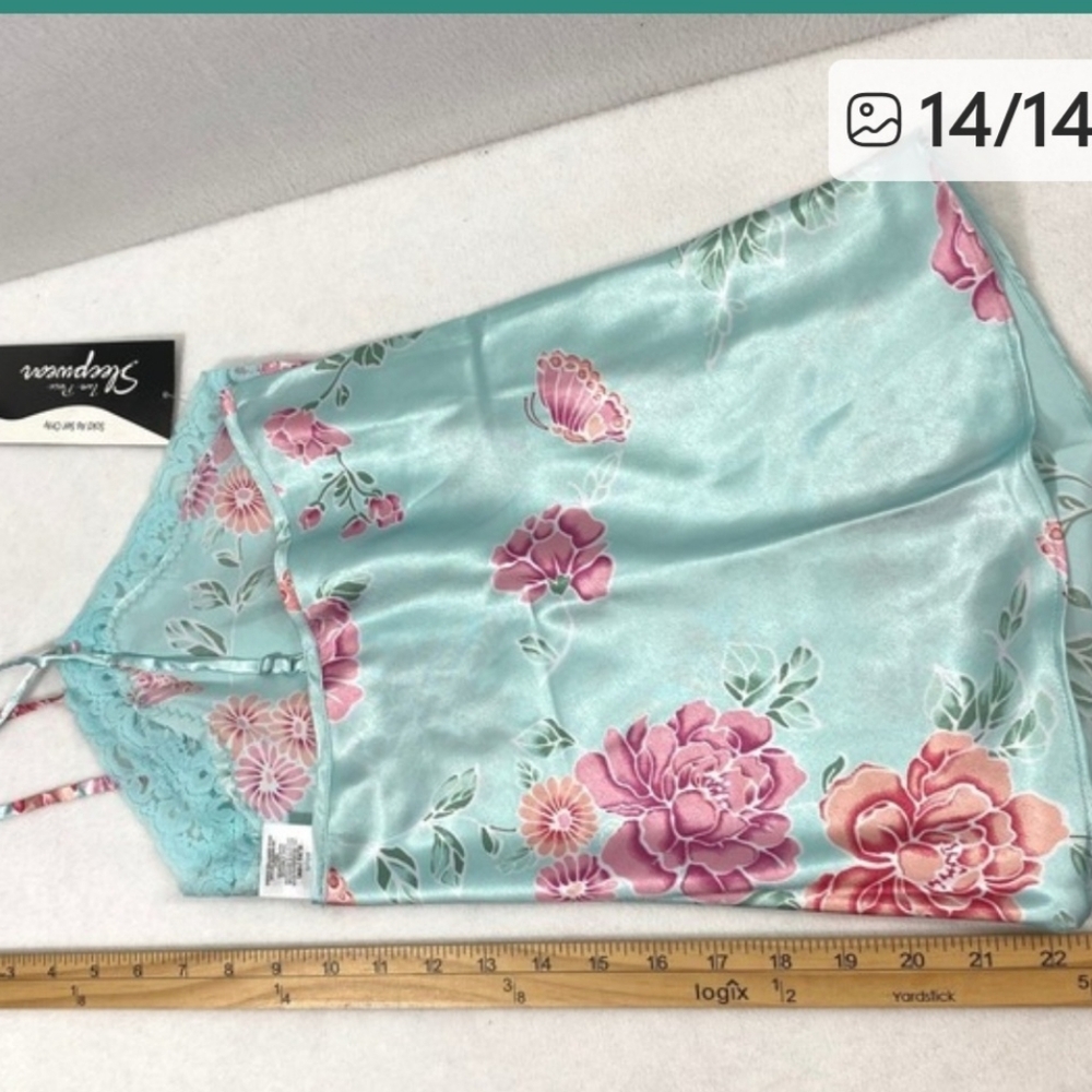 Premier Intimates Pajama Set Women XL 18W Floral Satin Blue Pink Cami Top Capris - Picture 9 of 9